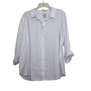 Chico’s Top Womens Size 2.5 US 14 Calm Blue Linen Button Up Roll Tab Sleeve NWT